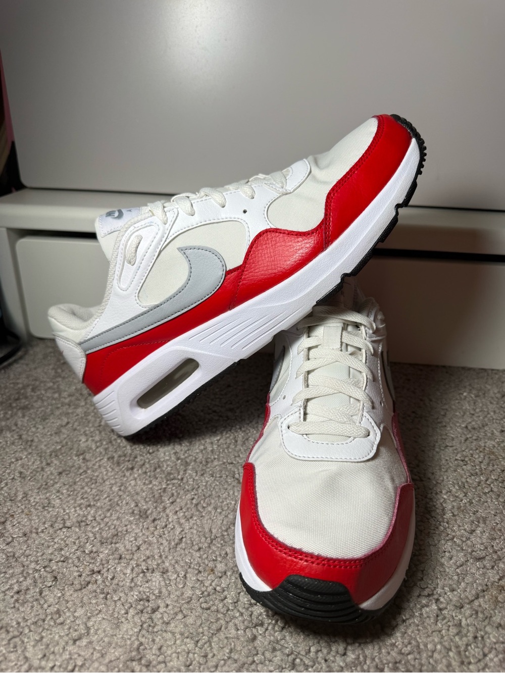 Men’s Nike White and Red Low-Top Sneakers with Gray Swoosh